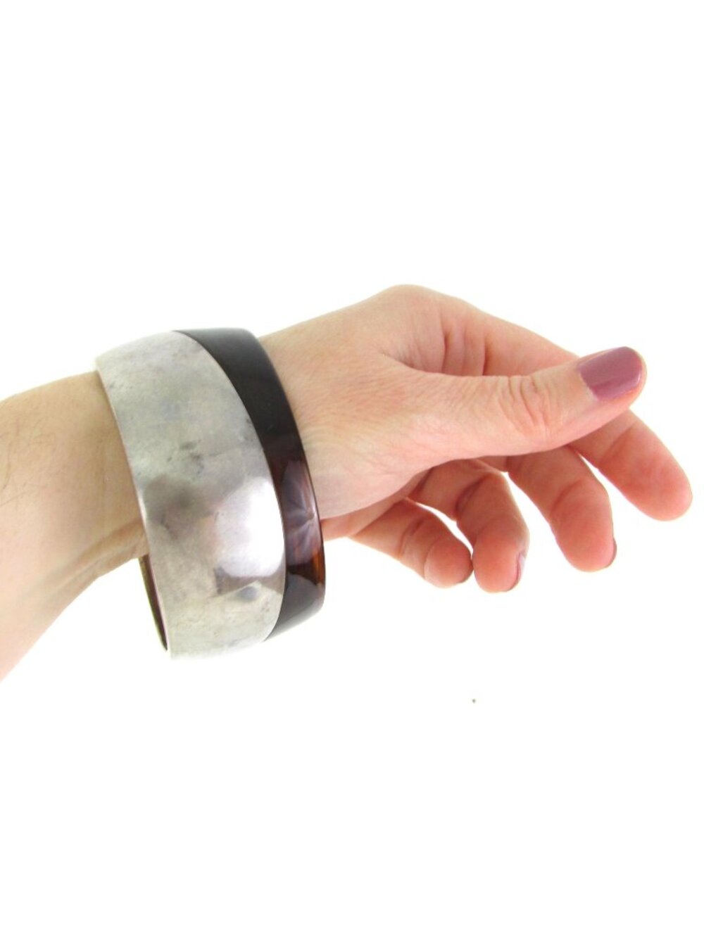 Vintage Cuff Bracelet Silver and Tortoise - Boho Fashion - Lucite Silver Chrome